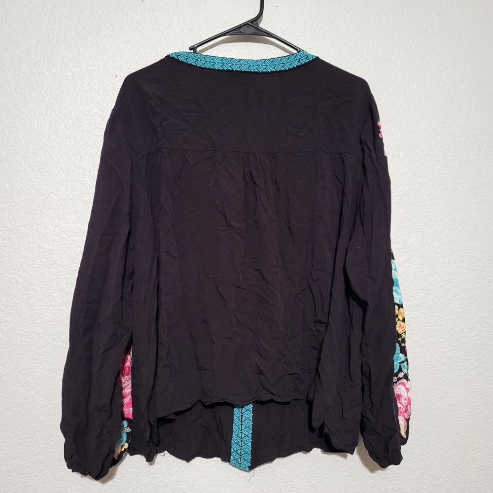Savanna Jane Black Tunic with Turquoise Embroidery and Multicolor Floral Sleeves - Picture 6 of 9